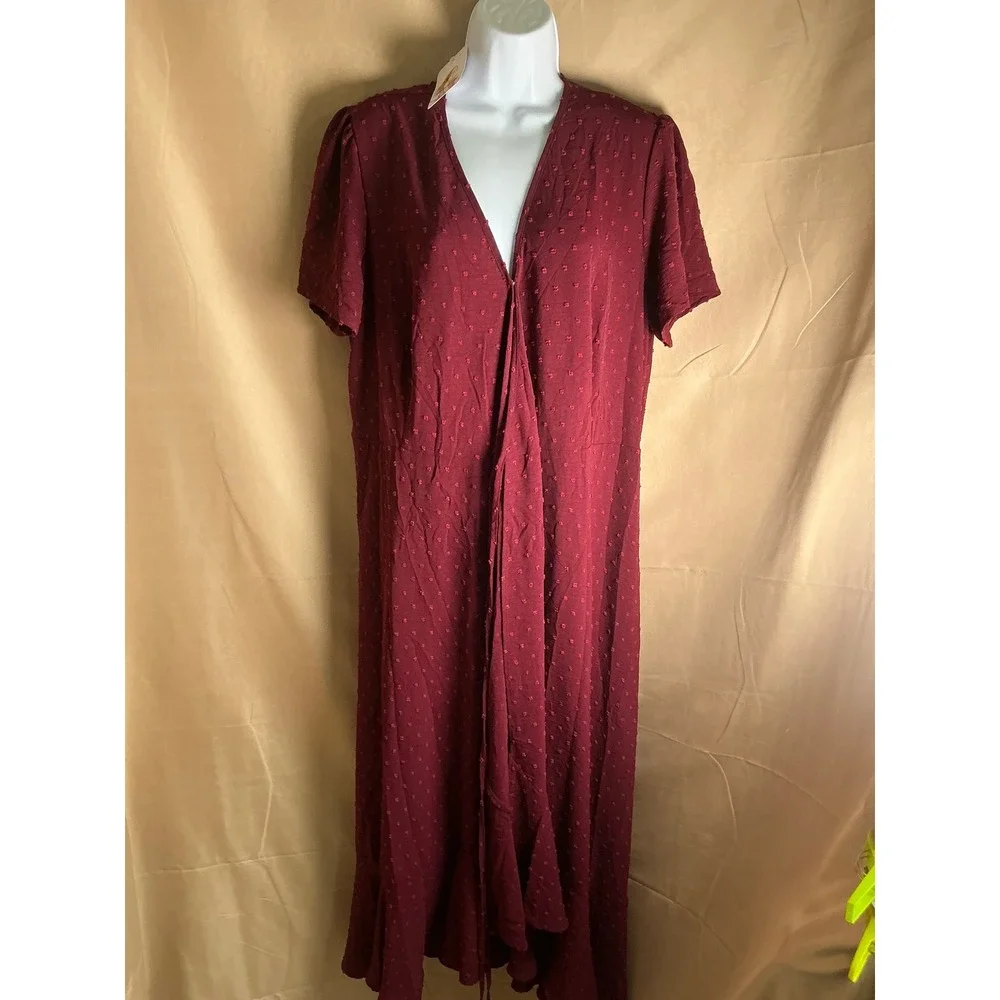 PrettyGarden Swiss Dot Maxi Dress Women Large Burgundy NWT Ruffle V-Neck Short